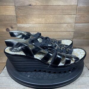 Fly London Yito Black Leather Wedge Strappy Sandals Lace Up EU 41 US 10